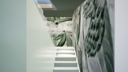 proposta di progetto scala interna con rivestimento pareti  a tema vegetativo e rivestimento materiale scala in resina oltre allo studio e presentazione nuova illuminazione